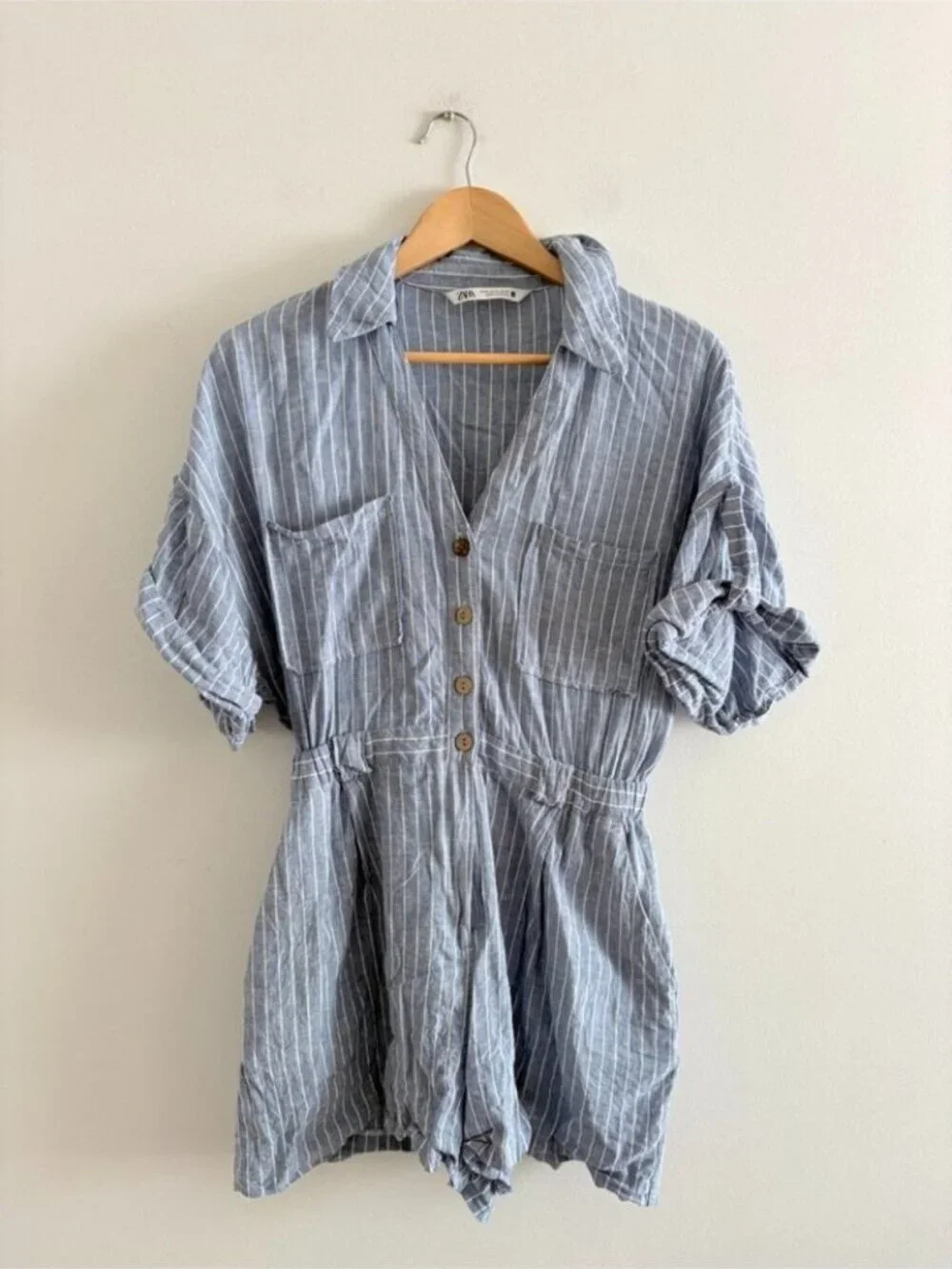 Zara Linen Blend Romper Jumpsuit Blue Stripe Size Medium